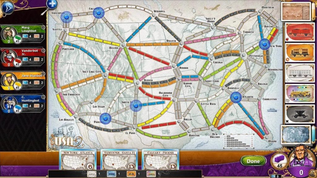 Ticket to Ride pelissä rakennetaan yksinkertaisesti junayhteyksiä ympäri Pohjois-Amerikkaa.