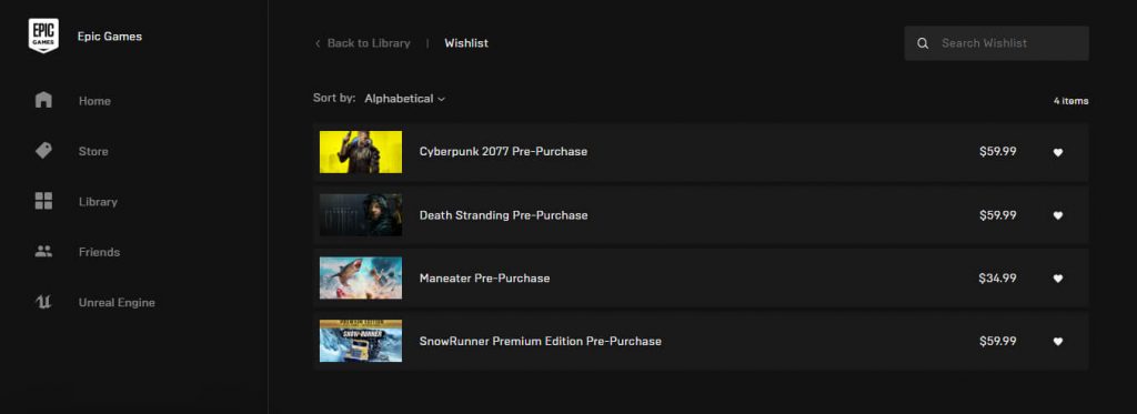 Epic Games Store toivelistat